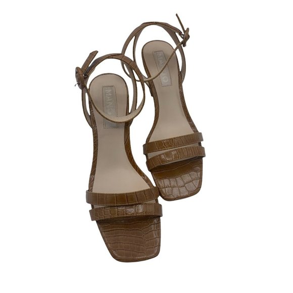 Mango Size 39 (US 8) Brown Faux Leather Chunky Heel Sandals Square Toe - Picture 2 of 10